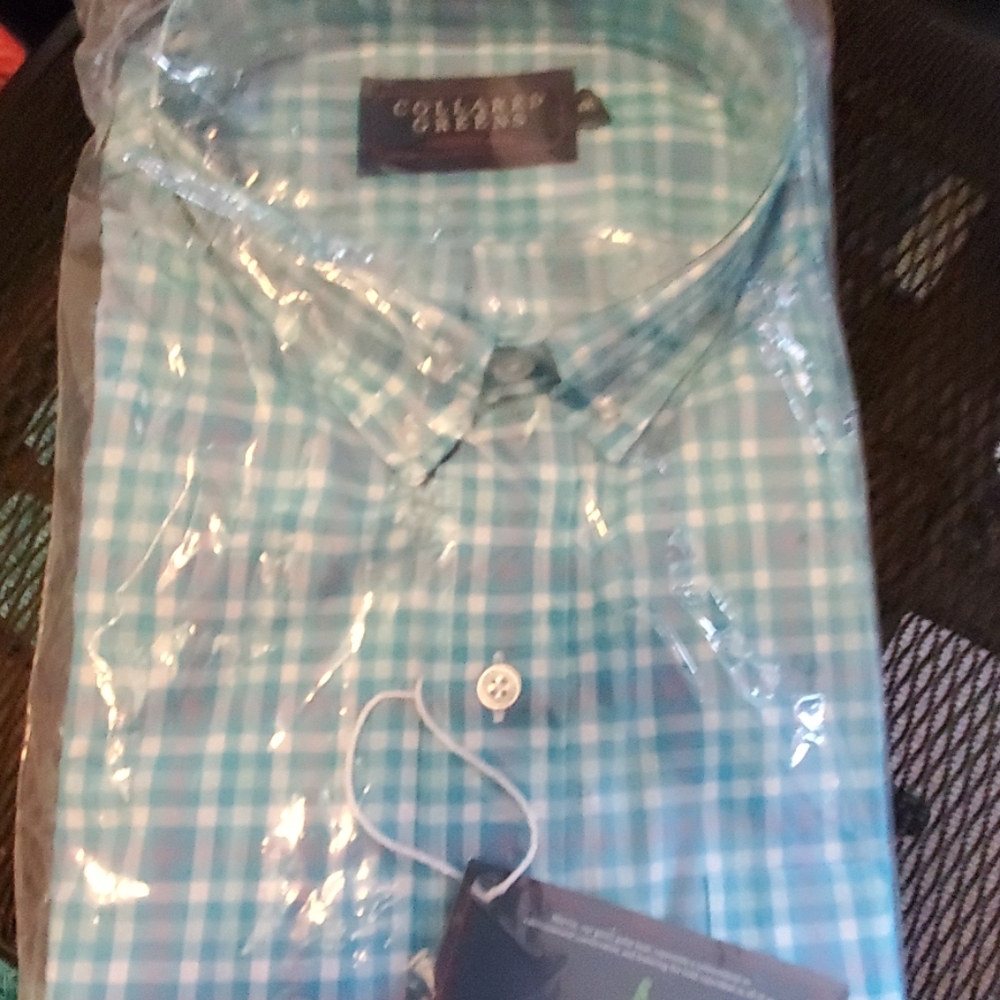 nip men's 2xl aqua plaid button dress shirt